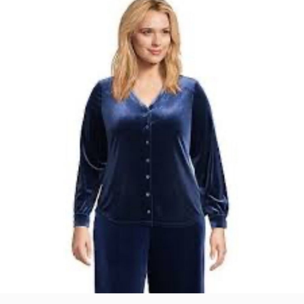 Lands End Navy Velvet Button Front Top